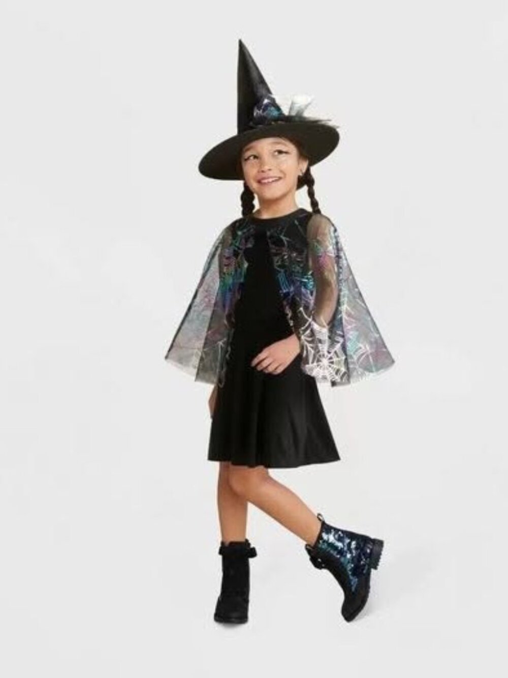 Brand New Kids Webbed Witch Iridescent Spiderweb Cape Halloween Costume 12-14 L.